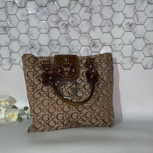 Guess Brown and Silver Tote Bag with Monogram Design - Picture 5 of 6